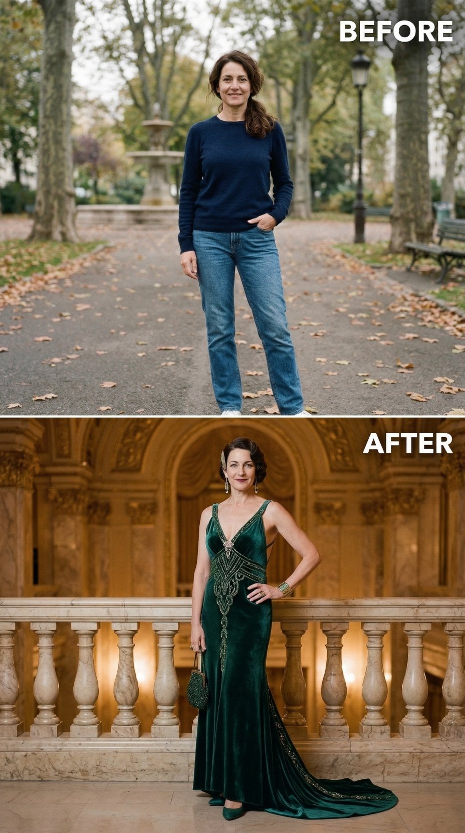 Emerald Velvet Column Gown With Embellished V-Neckline and 1940s Waves