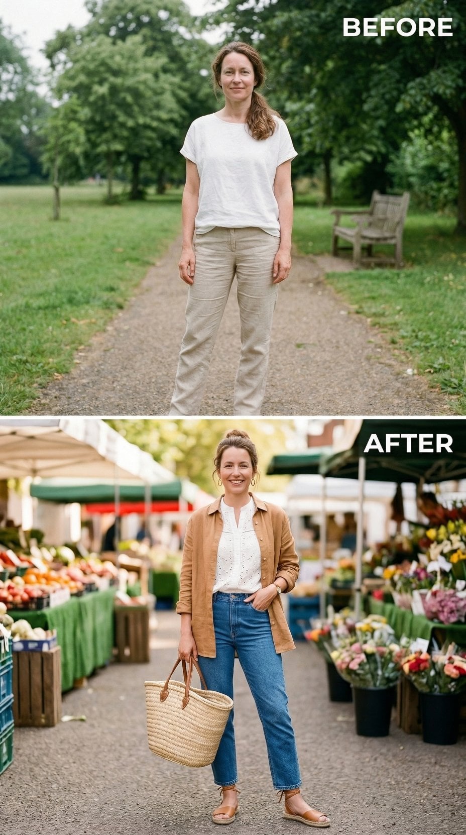 Camel Linen Layer, Eyelet Cotton, Denim — When Saturday Morning Has a Dress Code