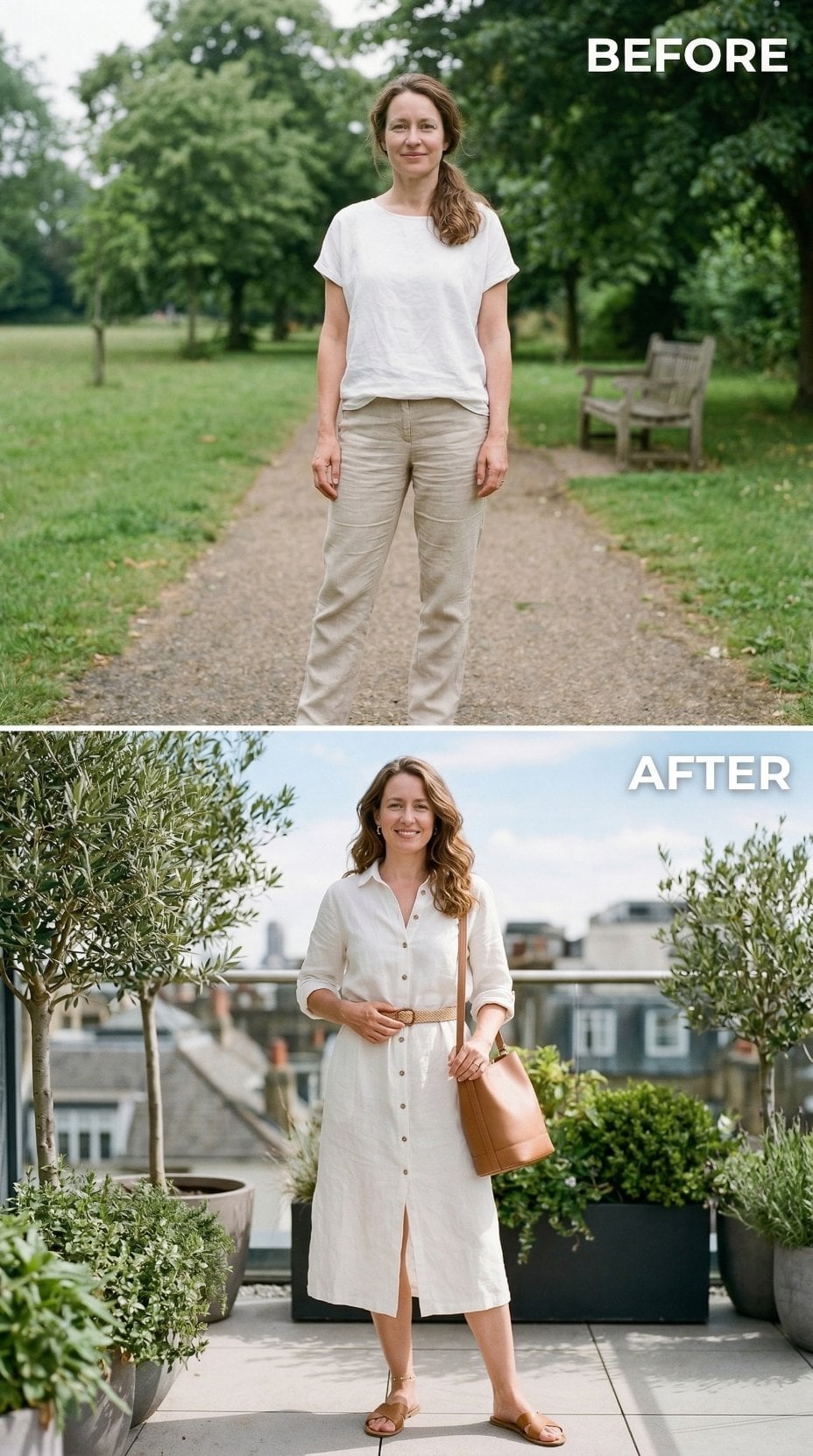 Button-Front Linen Dress, Woven Belt, Tan Bucket Bag — Proportion Settled Everything