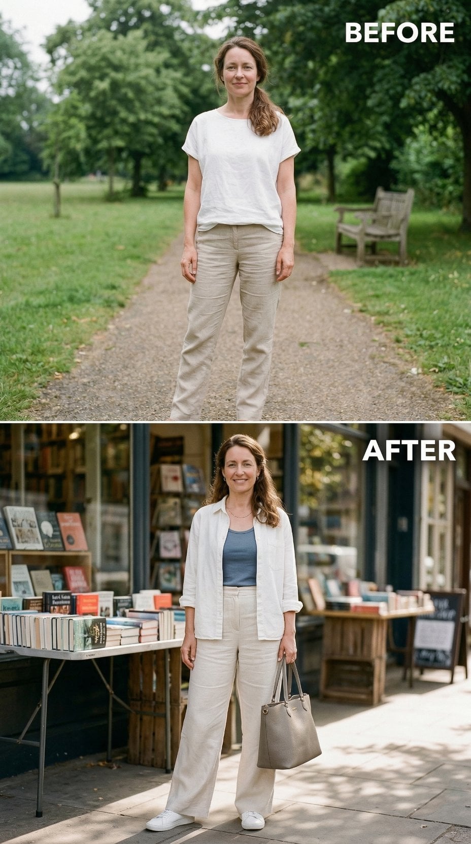 Open Linen Shirt, Wide Trouser, Bookshop Backdrop — Why Layering Works