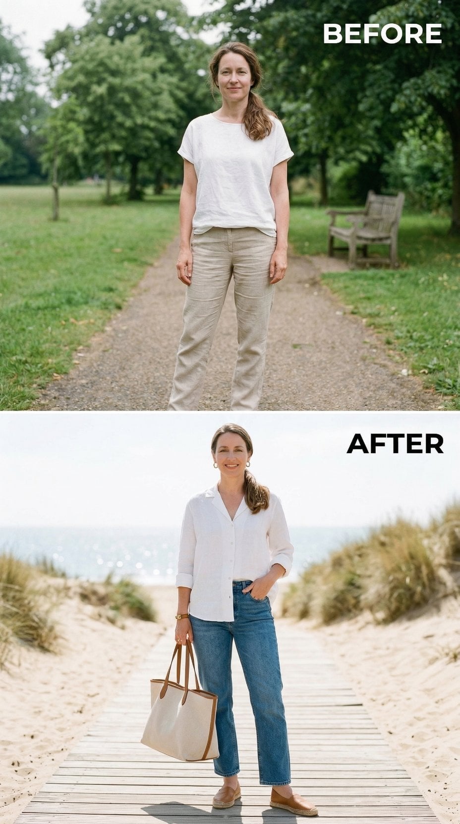 White Button-Down, Straight-Leg Denim, and Why the Beach Backdrop Earns Its Place