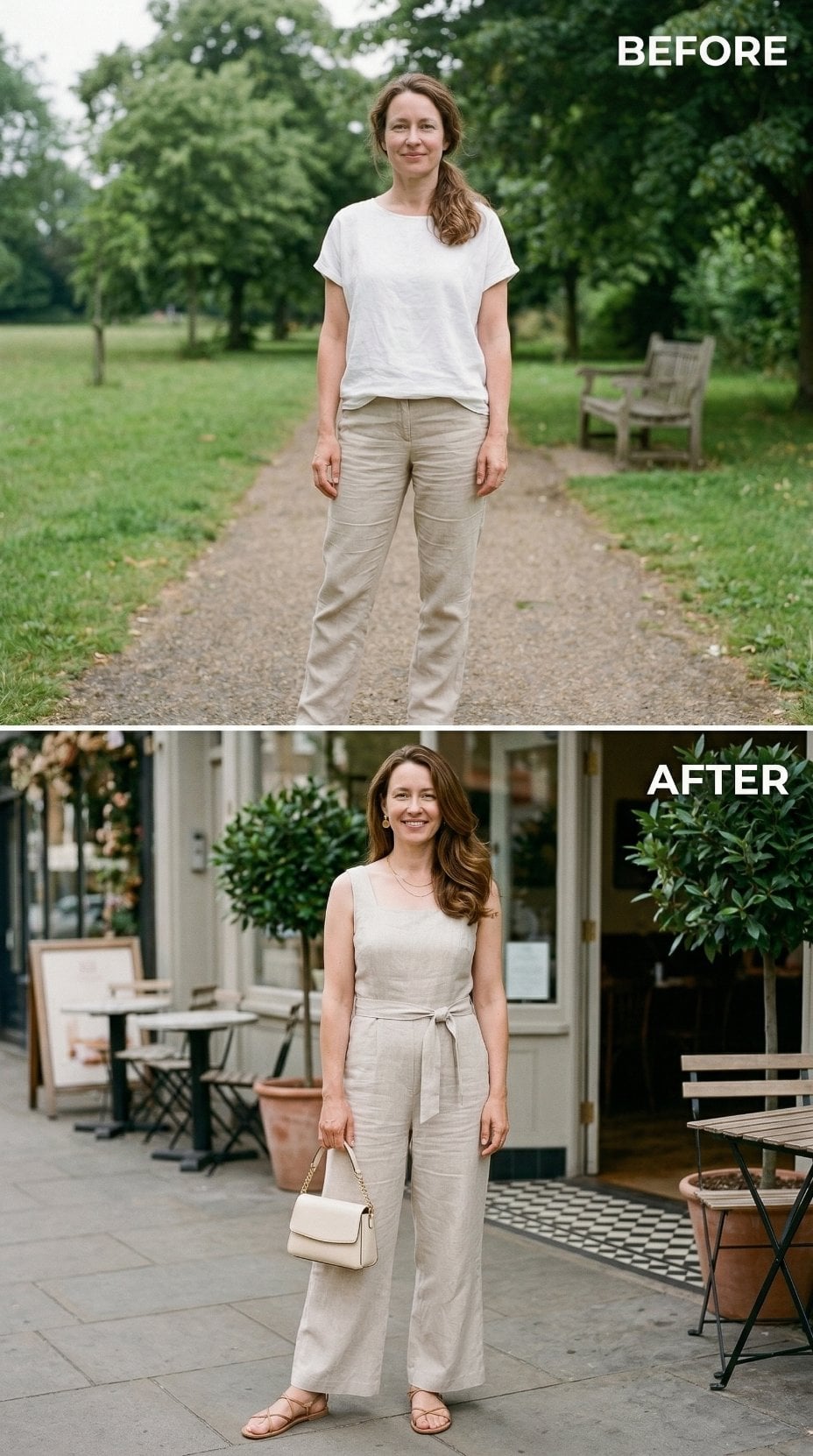 Linen Jumpsuit, Tied Waist, Flat Sandal — When One Garment Solves the Whole Equation