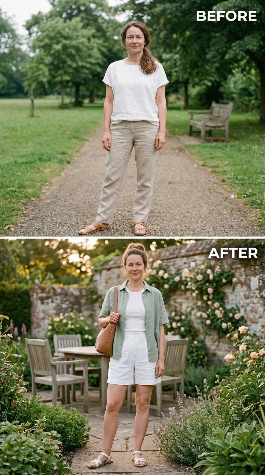 Sage Shirt, White Shorts, Tan Tote — How Proportion Does the Heavy Lifting