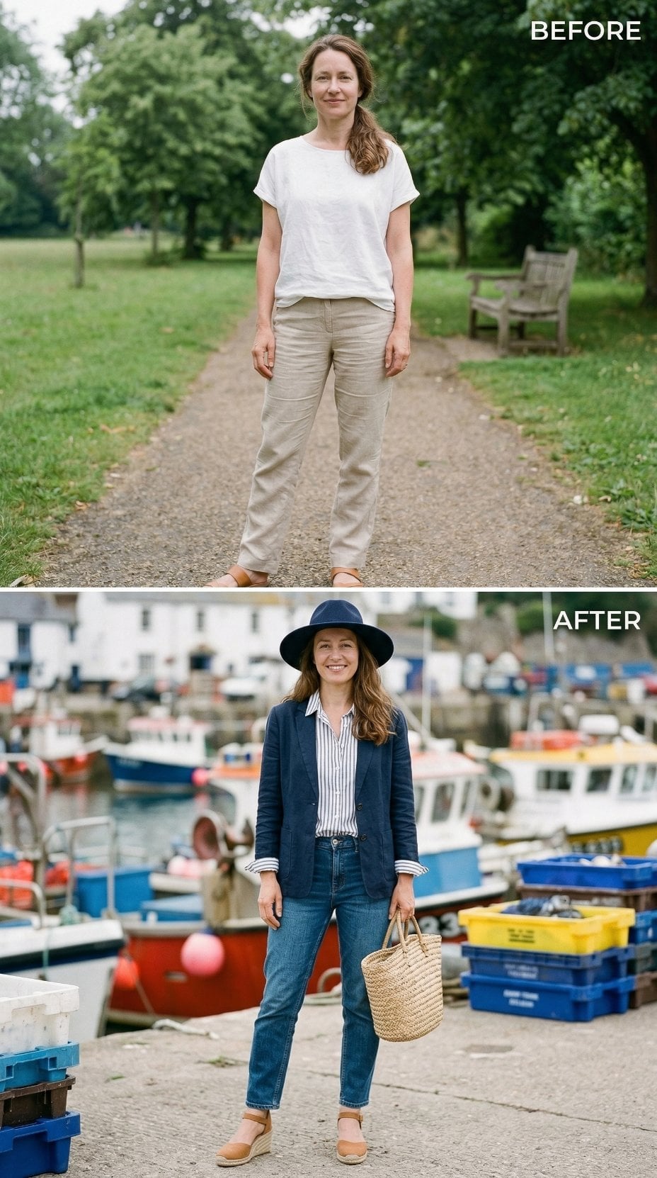 Park Path to Harbour Front — Navy, Denim, and a Hat That Finished the Work