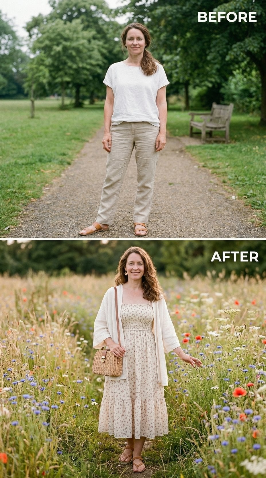 White Tee, Beige Trousers, Flat Sandal — Then a Wildflower Field Changed the Brief