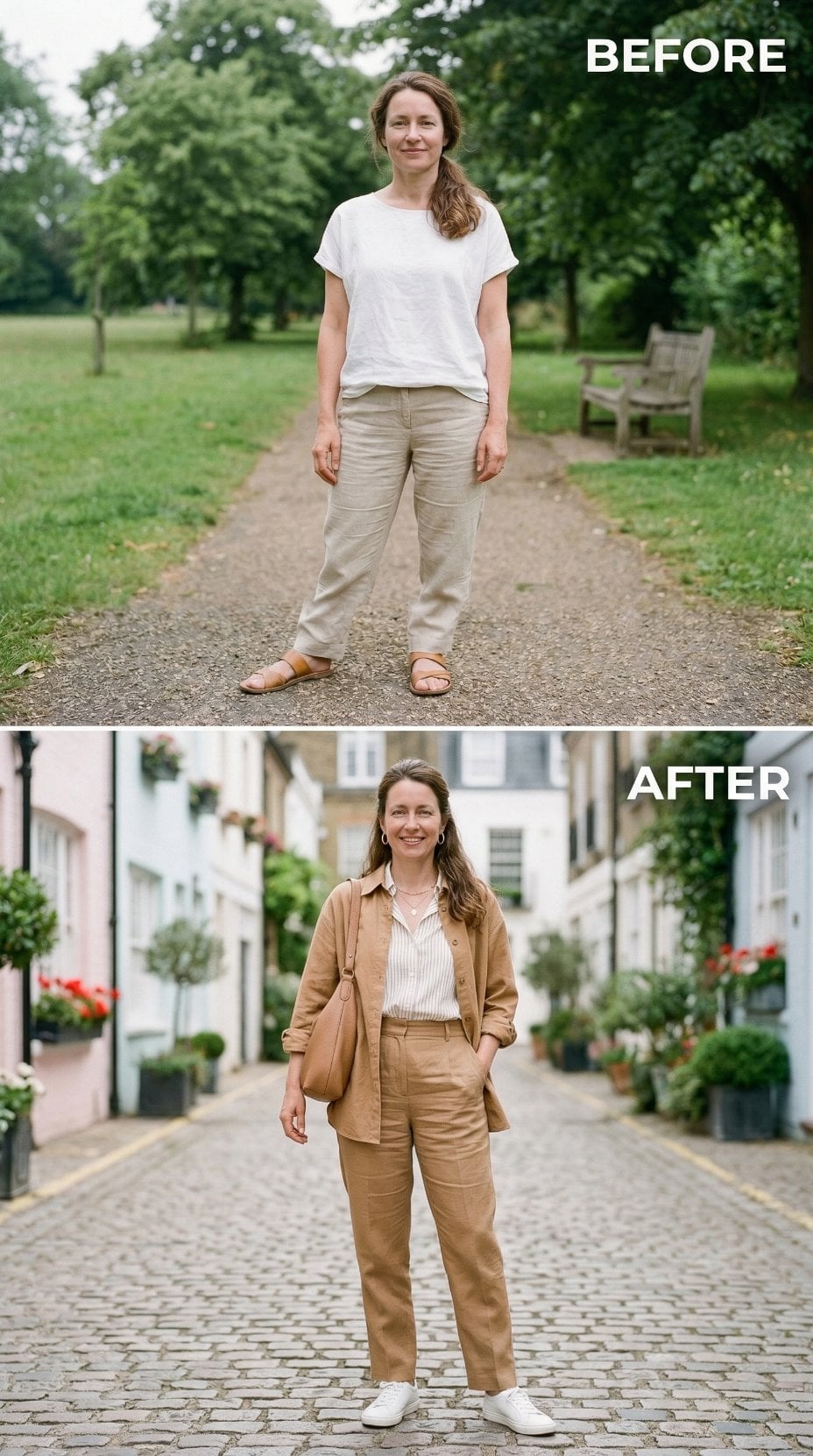 Camel Overshirt, Stripe Poplin, White Trainers — Coordination Without Matching