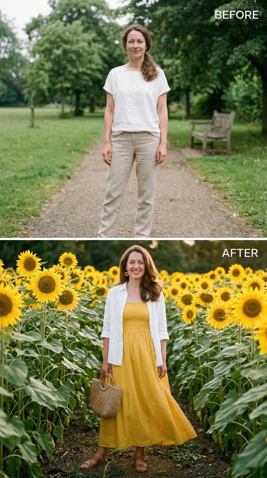 Sunflower Field, Mustard Smocked Dress, White Linen Layer — Colour Did the Thinking