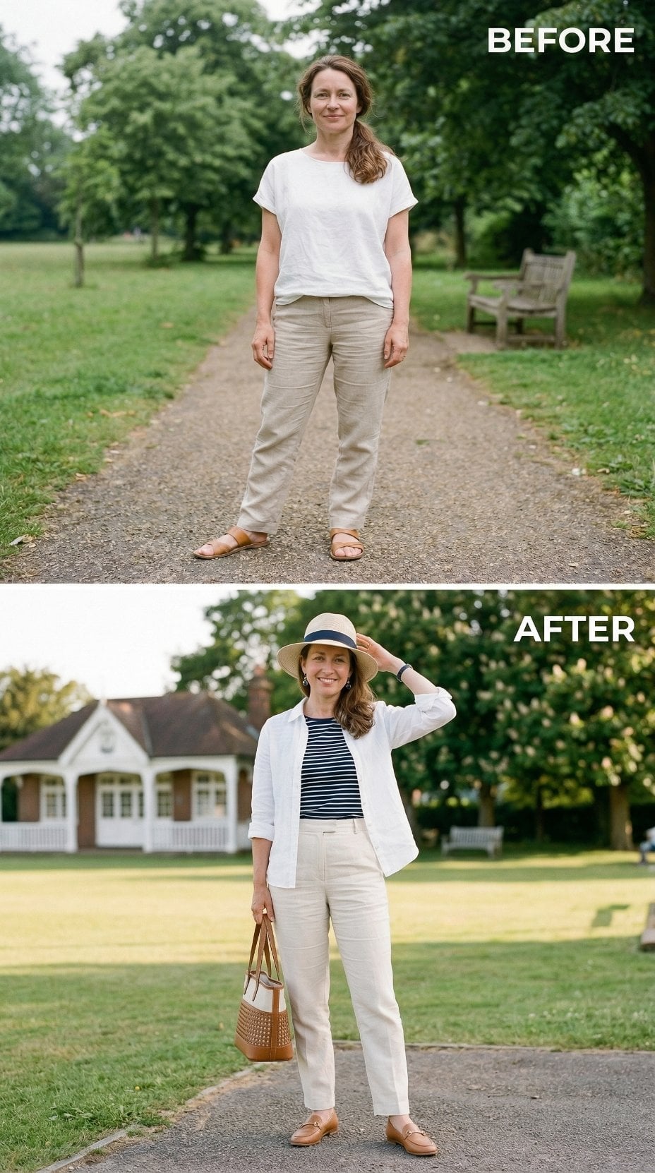 Neutral Base, Navy Stripe, Straw Brim — How Layering Rewrites a Silhouette