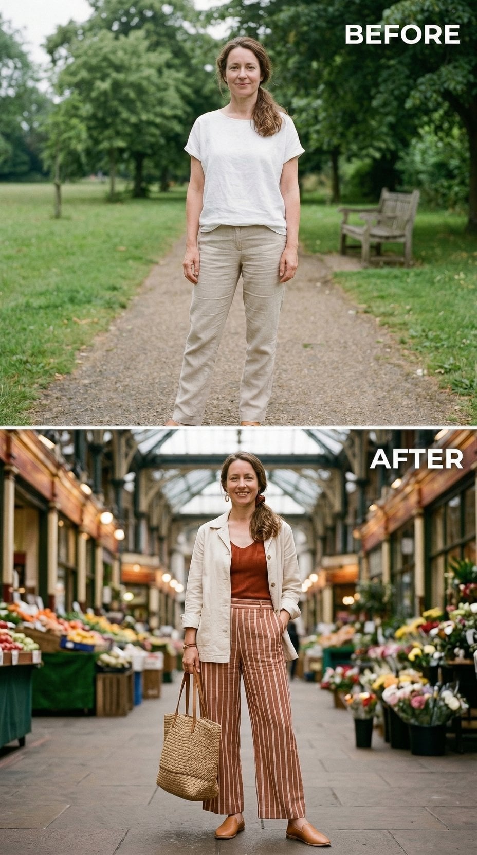 Park Setting to Indoor Market — Stripe, Rust, and a Blazer That Settled the Silhouette