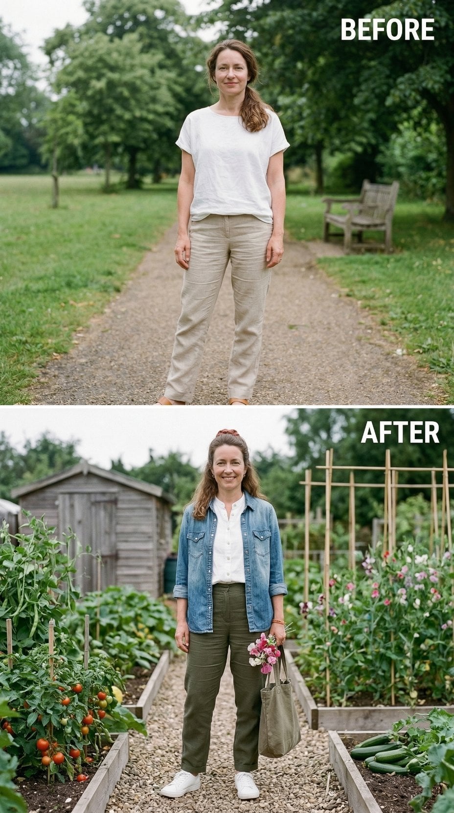 Olive Trousers, Denim Overshirt, White Trainers — How a Kitchen Garden Reset the Whole Outfit