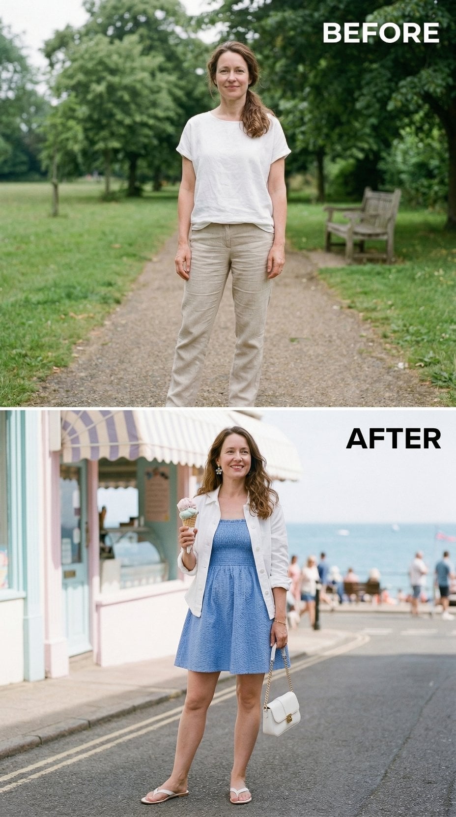 Blue Smocked Dress, White Shirt Layer, Ice Cream in Hand — Seaside Logic at Work
