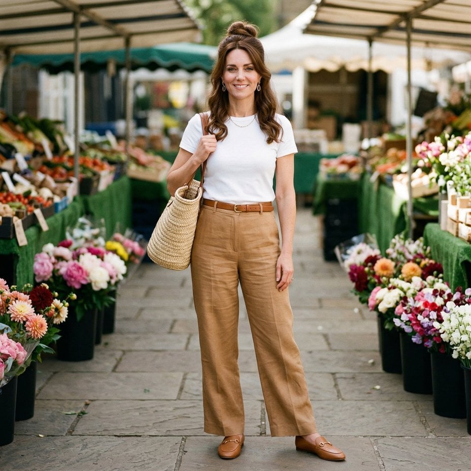 Khaki Wide-Leg Trousers and a White Tee at the Farmers Market
