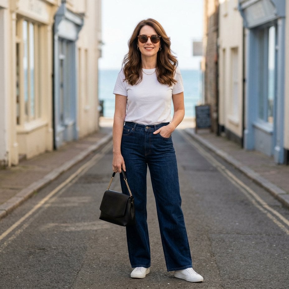 Dark Rinse Wide-Leg Jeans and a White Tee on a Seaside Street