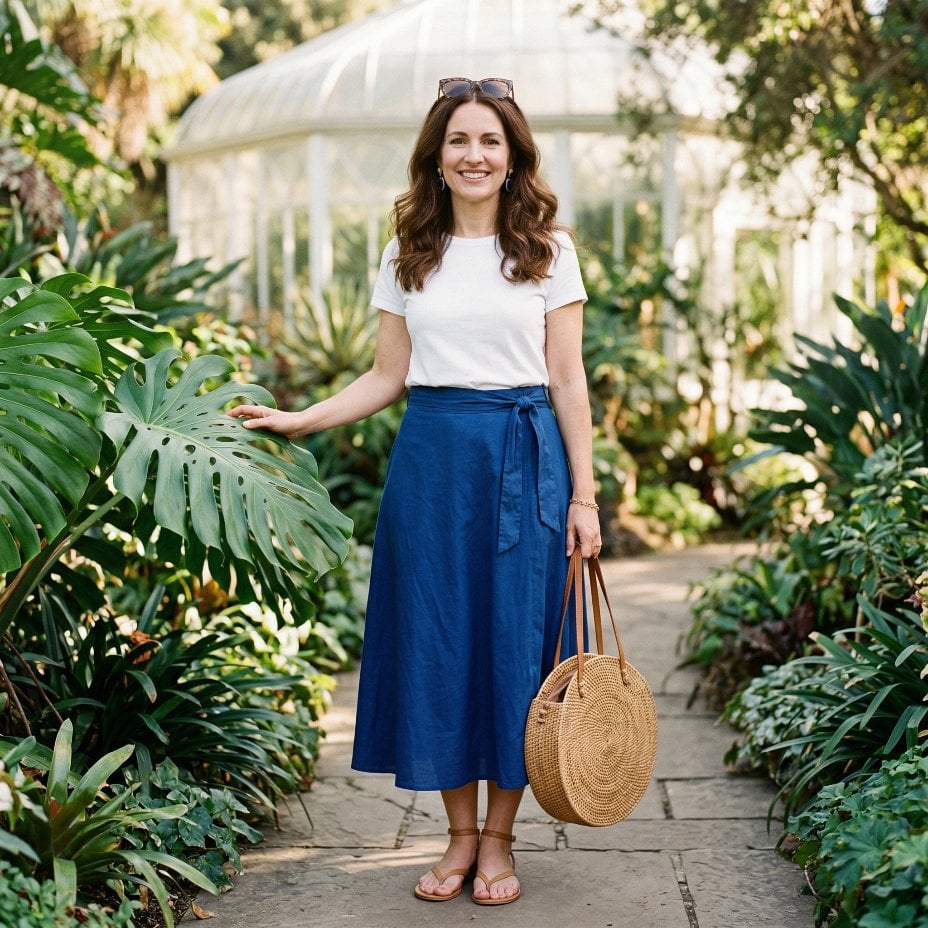 Blue Linen Wrap Skirt and White Tee Inside a Greenhouse