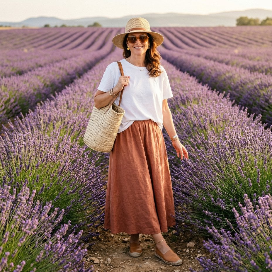 Terracotta Linen Midi Skirt and White Tee in a Lavender Field