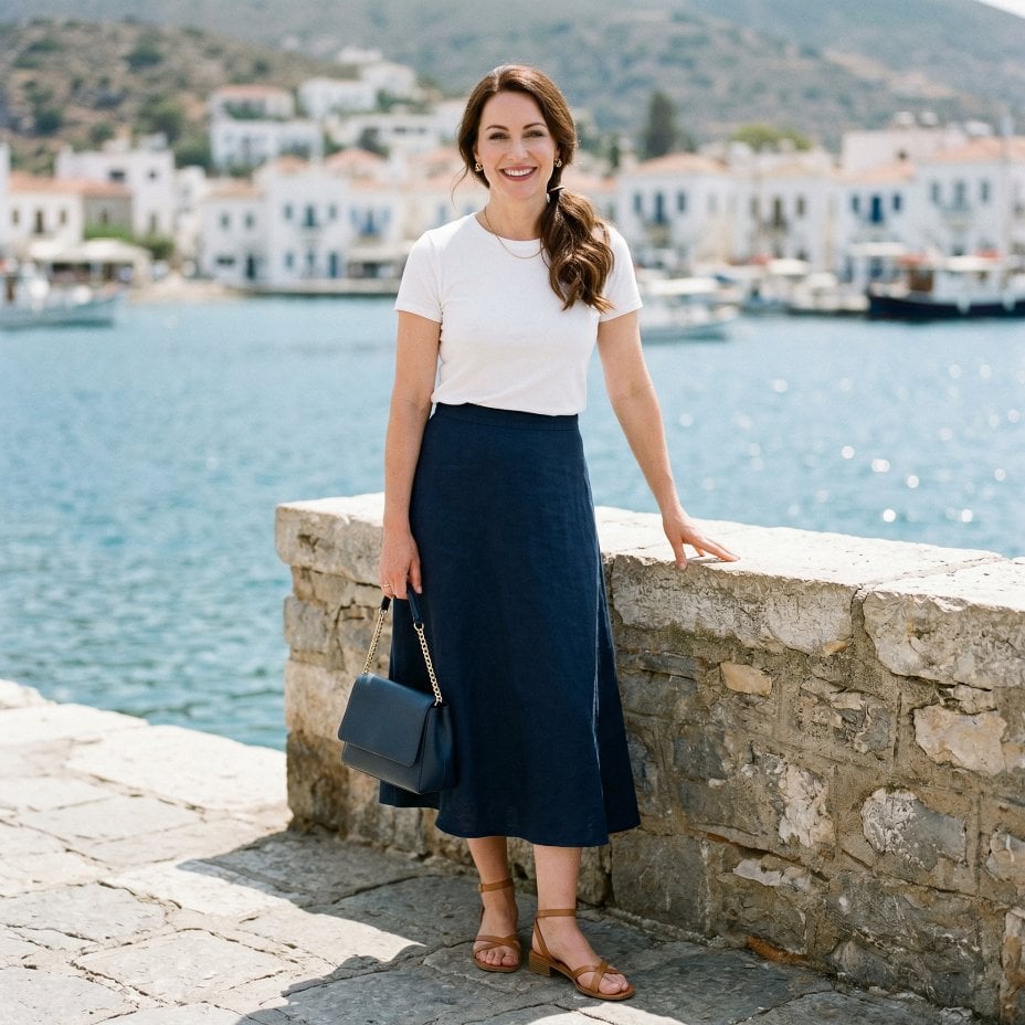 Navy Linen Midi Skirt and White Tee at a Greek Harbour