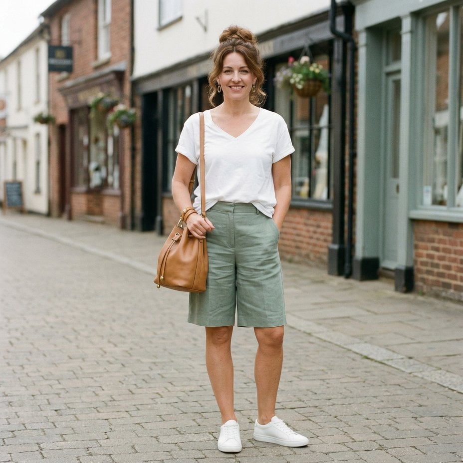 Sage Bermuda Shorts and a White Tee on a Cobbled High Street