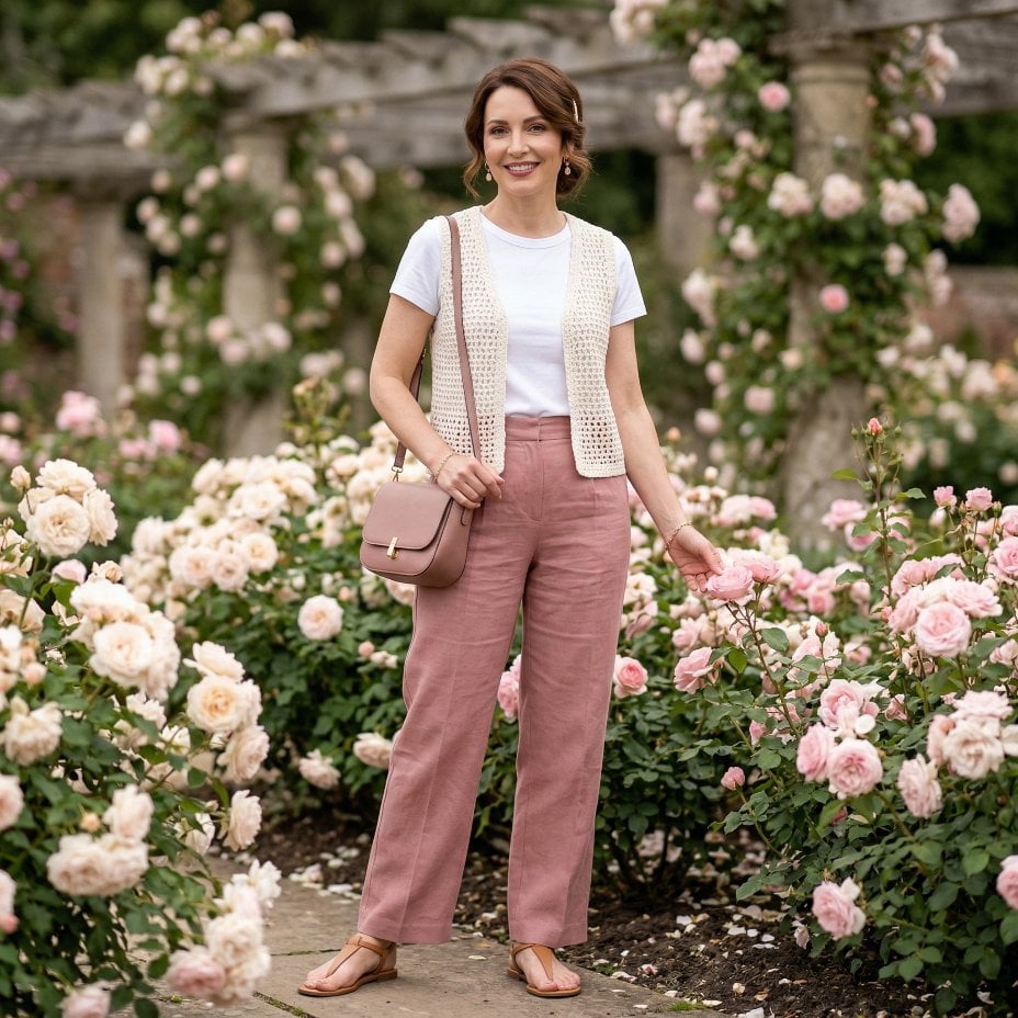 Dusty Rose Linen Trousers and a Crochet Vest in a Rose Garden