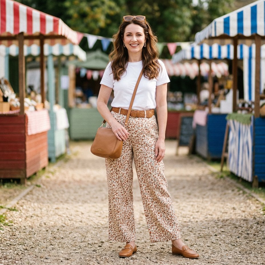 Floral Wide-Leg Trousers and a White Tee at a Summer Market