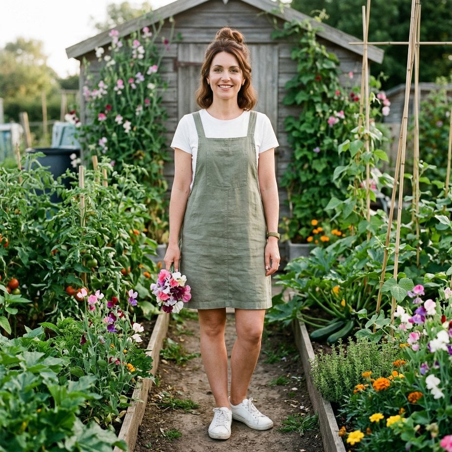 Green Pinafore Dress and White Tee in a Kitchen Garden
