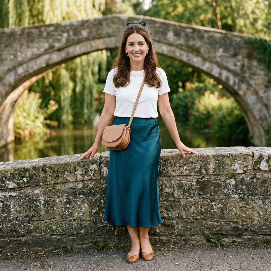 Teal Satin Midi Skirt, a Crossbody, and the Case for Going Understated