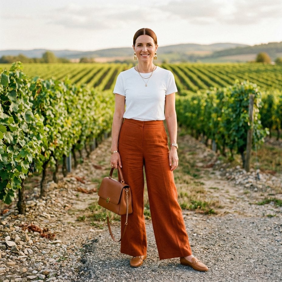 Rust Wide-Leg Trousers, a Vineyard Path, and the Art of Keeping It Simple