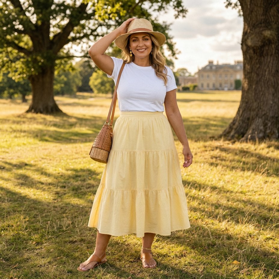 Butter Yellow Tiered Skirt and White Tee in a Country Estate Park