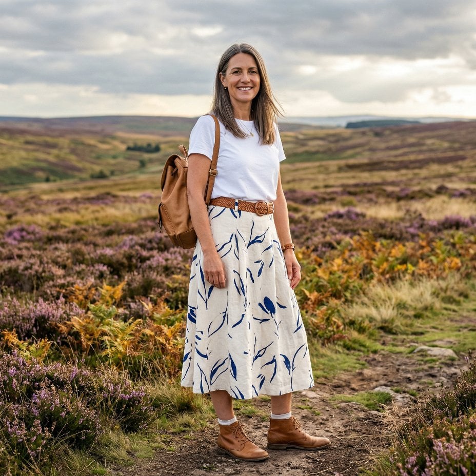 Heather Moorland, a Botanical Print Skirt, and Brown Leather All the Way Down