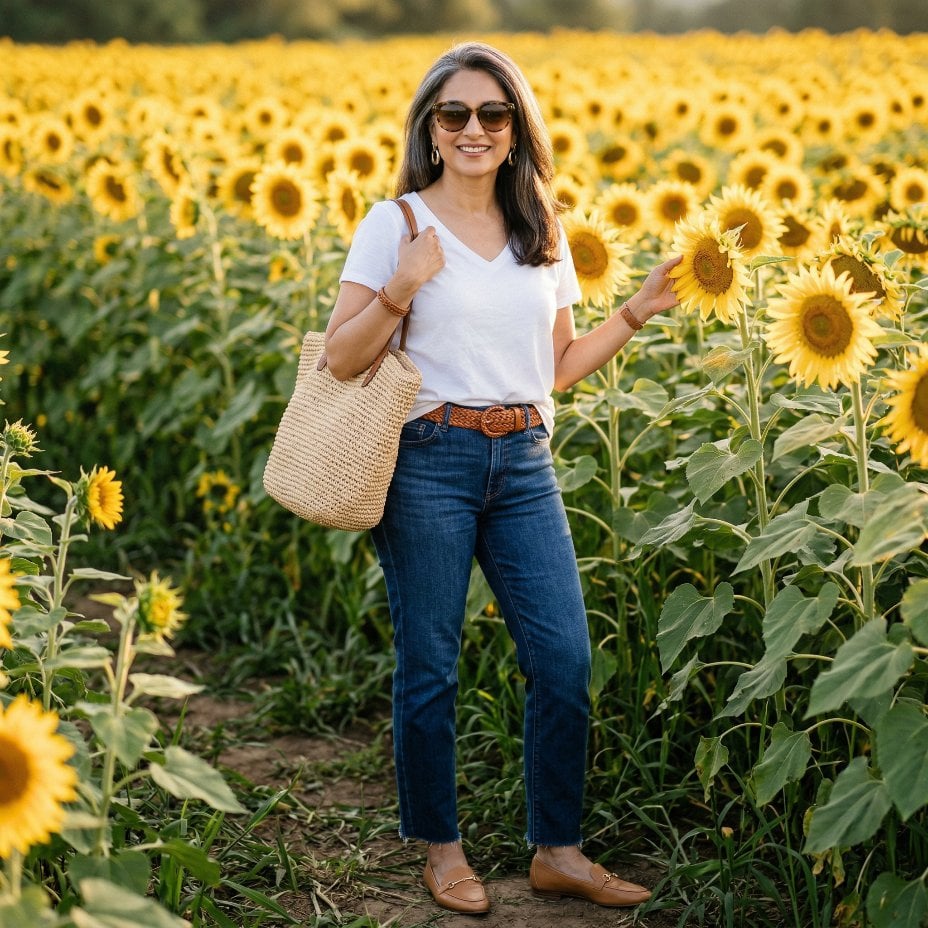 Straight-Leg Jeans and a White Tee in a Sunflower Field