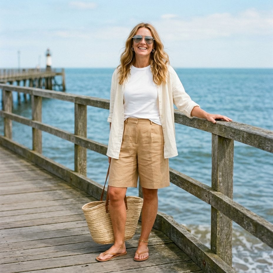 Tan Linen Bermudas, a Wicker Tote, and the Pier Look That Needs No Reinvention