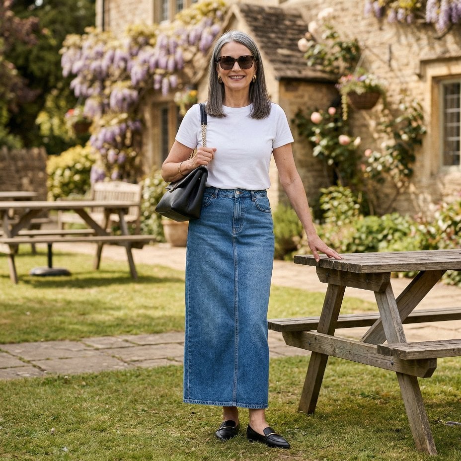 Denim Maxi Skirt and White Tee at a Cotswold Pub Garden