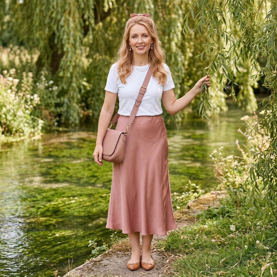 Silk-Effect Midi Skirt and Ballet Flats by the Willow River