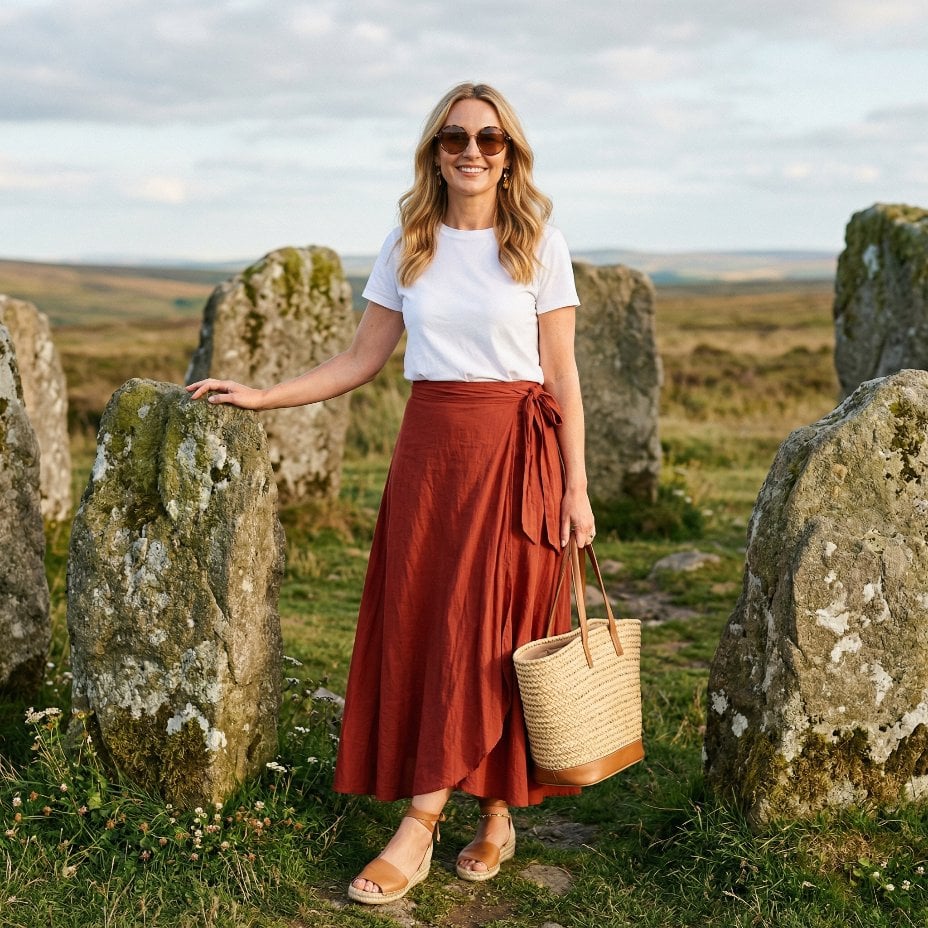 Rust Wrap Skirt and White Tee at a Stone Circle