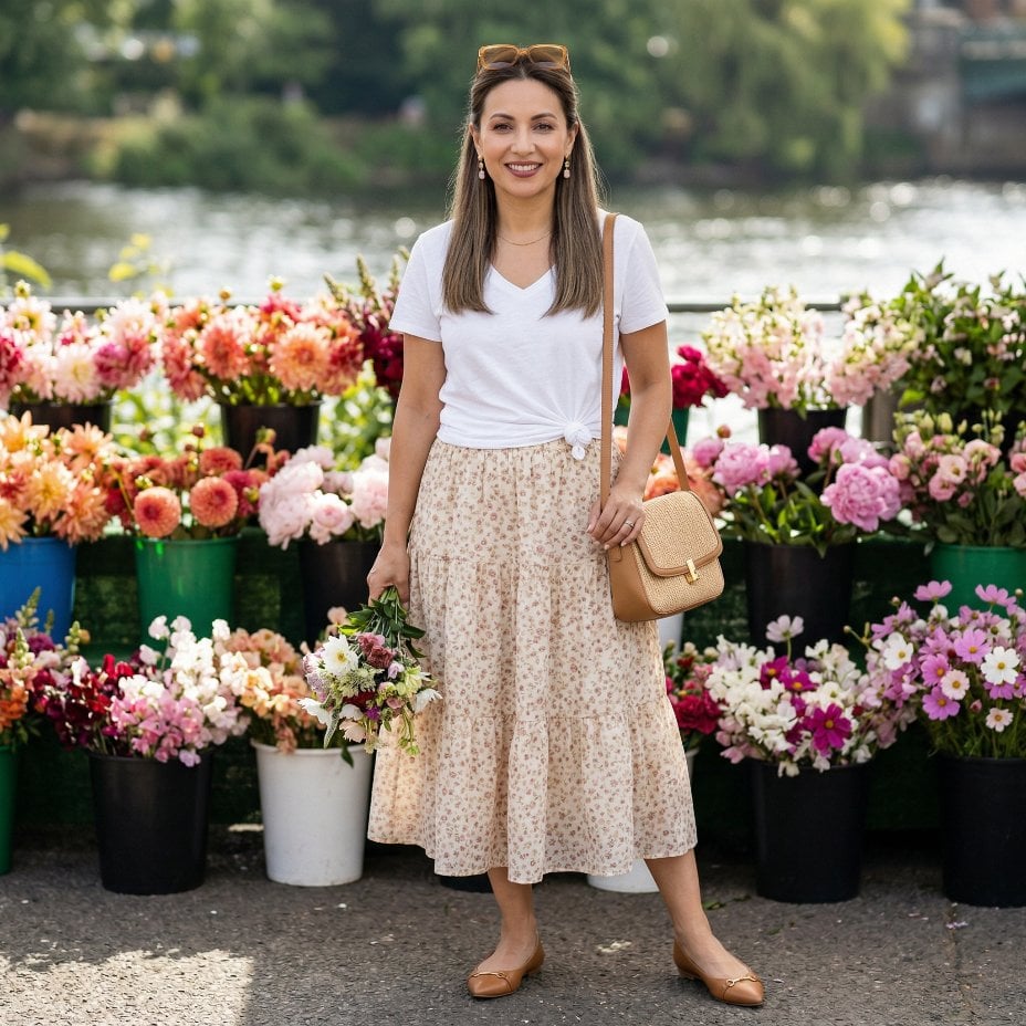 Floral Midi Skirt and Knotted White Tee at a Flower Market
