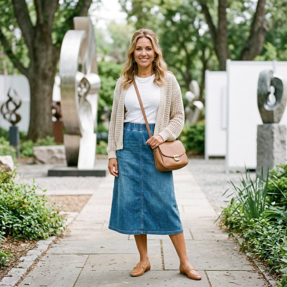 Denim Midi Skirt, Crochet Cardigan, and a Sculpture Garden That Sets the Scene