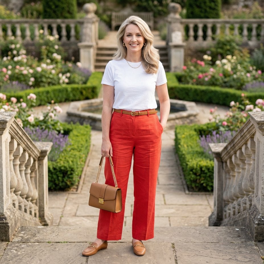 Red Wide-Leg Trousers and a White Tee in a Rose Garden