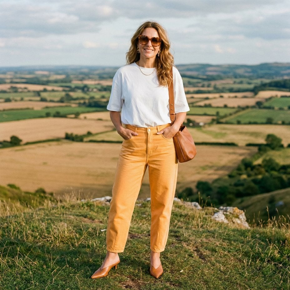 Mustard Barrel-Leg Jeans, a Hilltop View, and Brown Leather Tied Together