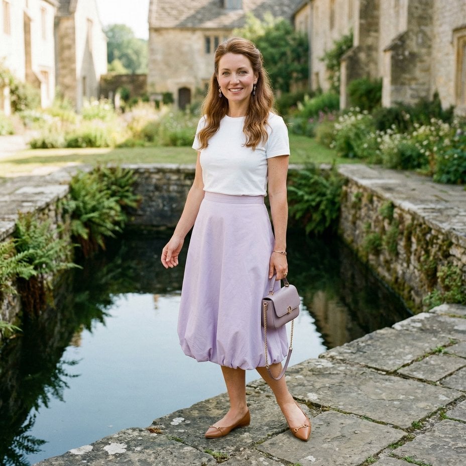 Lavender Bubble Hem, Tan Flats, and a Cotswold Courtyard That Earns Its Place