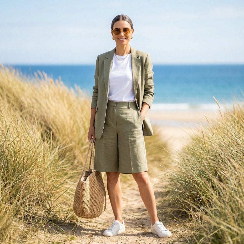 Olive Linen Blazer and Shorts Set with a White Tee on the Sand Dunes