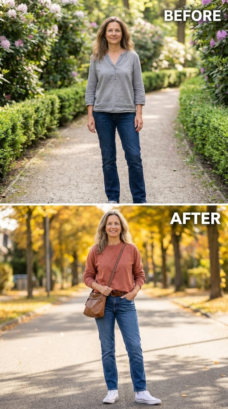 Rust Crewneck, Straight-Leg Denim, and the Woman Who Stopped Dressing Small