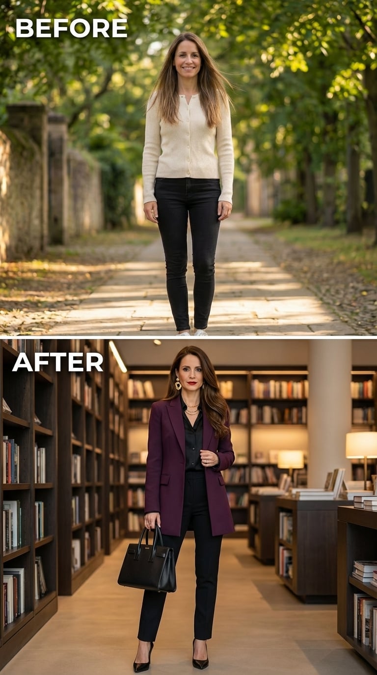Plum Blazer, Heels, and the Shift That Happens When She Dresses Like She Already Has the Job