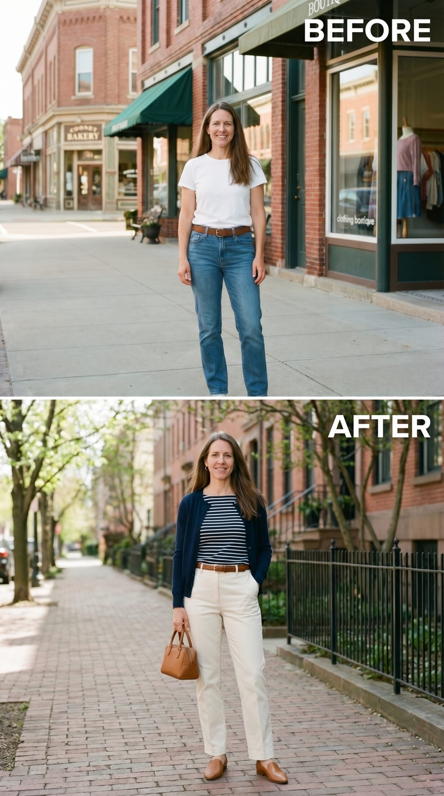 Stripe Tee, Navy Cardigan, and the Spring Uniform She Should Have Claimed Years Ago