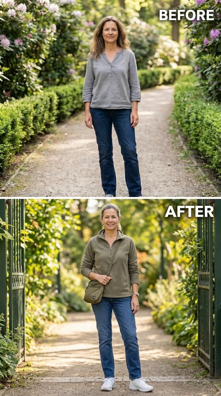 Olive Fleece, a Crossbody Bag, and the Garden Path She Walks Without Shrinking