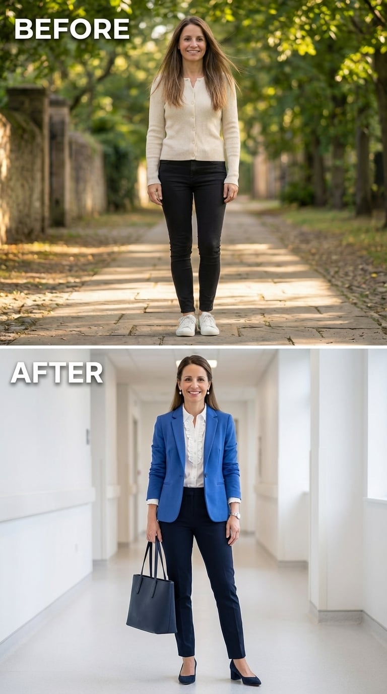 Blue Blazer, Navy Trousers, and the Combination That Reads as Ready Before She Speaks