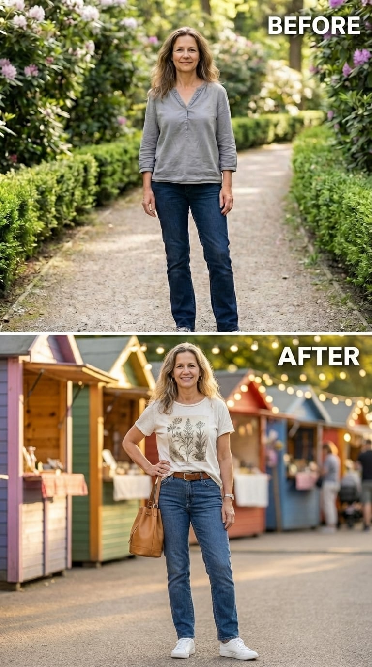 Botanical Print Tee, Brown Belt, and the Market She Walks Through Like She Owns It