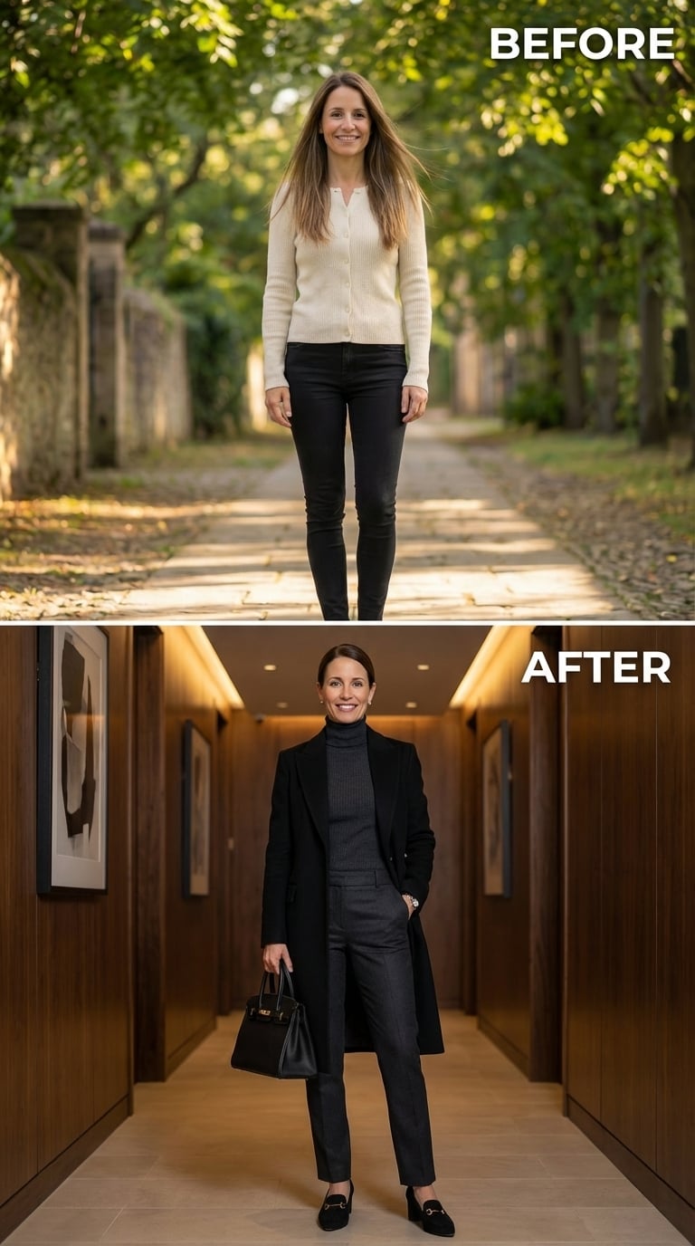 Monochrome Black Coat, Turtleneck, and the Moment She Walked In Looking Like a Decision