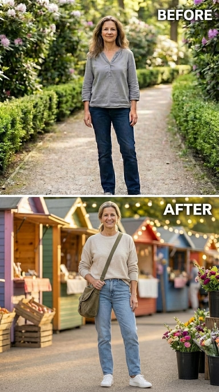 Beige Crewneck, Light-Wash Jeans, and the Farmers Market She Walks With Her Chin Up