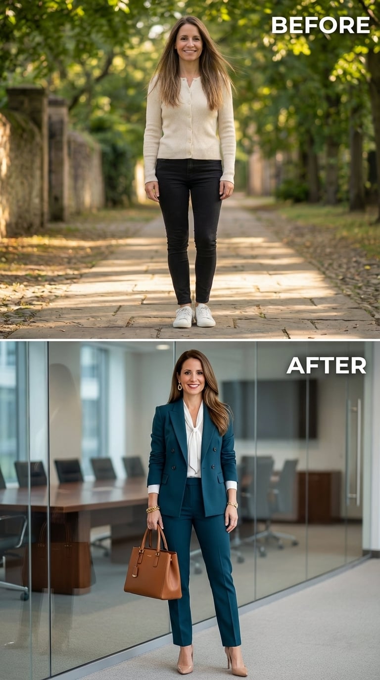 Teal Double-Breasted Suit, Brown Leather Tote, and the Confidence She Stopped Apologizing For