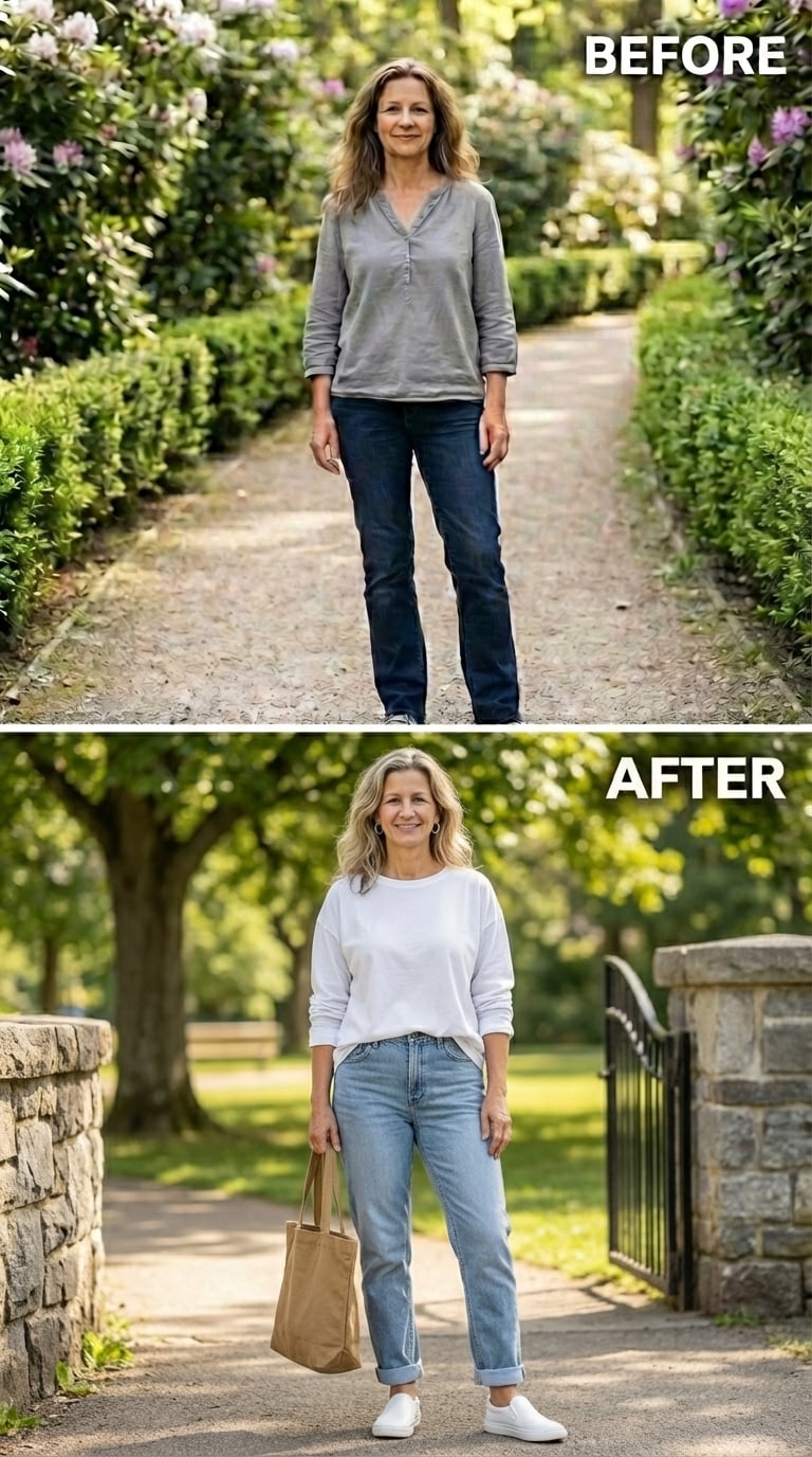 White Crewneck, Rolled Light-Wash Denim, and the Park Gate She Walks Through First