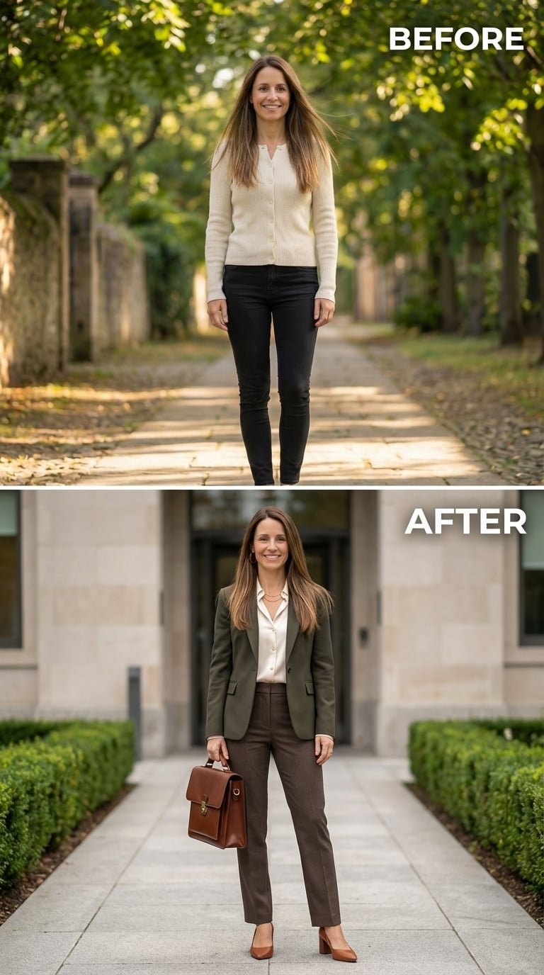 Olive Blazer, Brown Tweed Trousers, and the Version of Her That Stopped Waiting for Permission